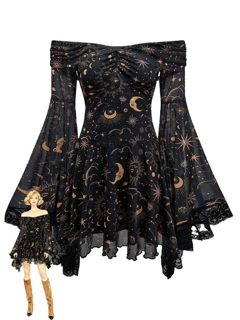 1980s Star Moon Sun Face Off-Shoulder Bell Sleeve Dress