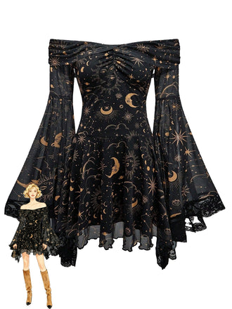 1980s Star Moon Sun Face Off-Shoulder Bell Sleeve Dress