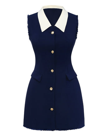 Dark Blue 1960s Contrast Raw Cuffs Buttons Dress