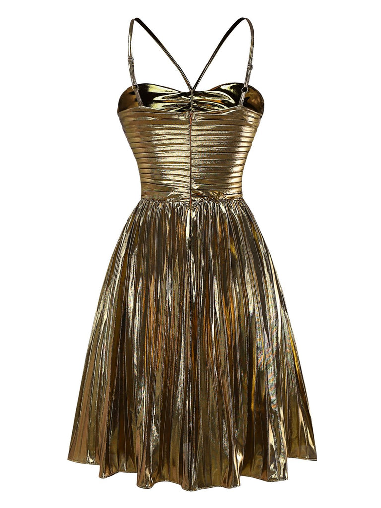 Gold 1960s Metallic Pleated Cutout Party Strap Dress