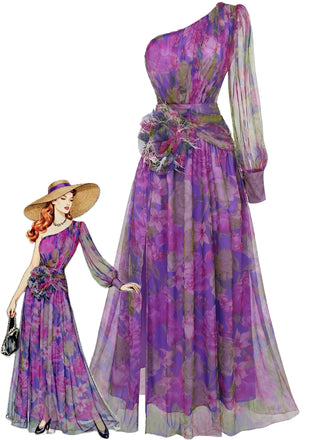 Purple 1930s Mesh One-Shoulder 3D Floral Evening Dress
