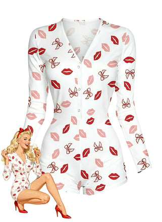 1980s V-Neck Heart Slip Print Romper Pajama