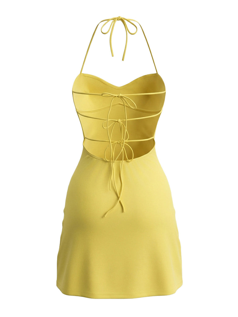 Yellow Bejeweling Back Tie Mini Dress