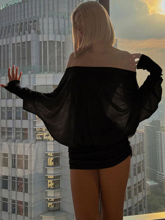 2000s Off Shoulder Ruched Batwing Mini Dress - vintage dress, retro fashion