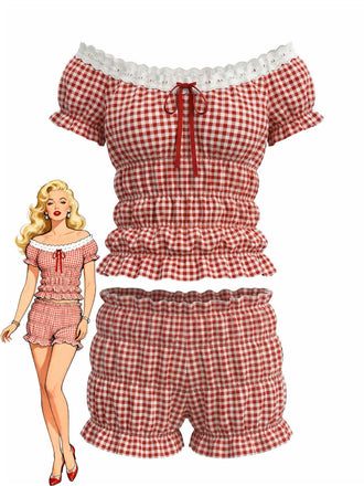 Red 2000s Gingham Off-Shoulder Smocked Top with Shorts Set - vintage fashion, retro style, elegant red