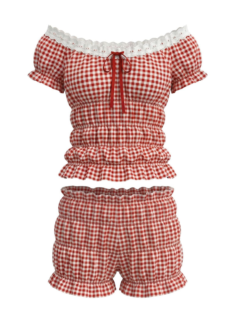 Red 2000s Gingham Off-Shoulder Smocked Top with Shorts Set - vintage fashion, retro style, elegant red
