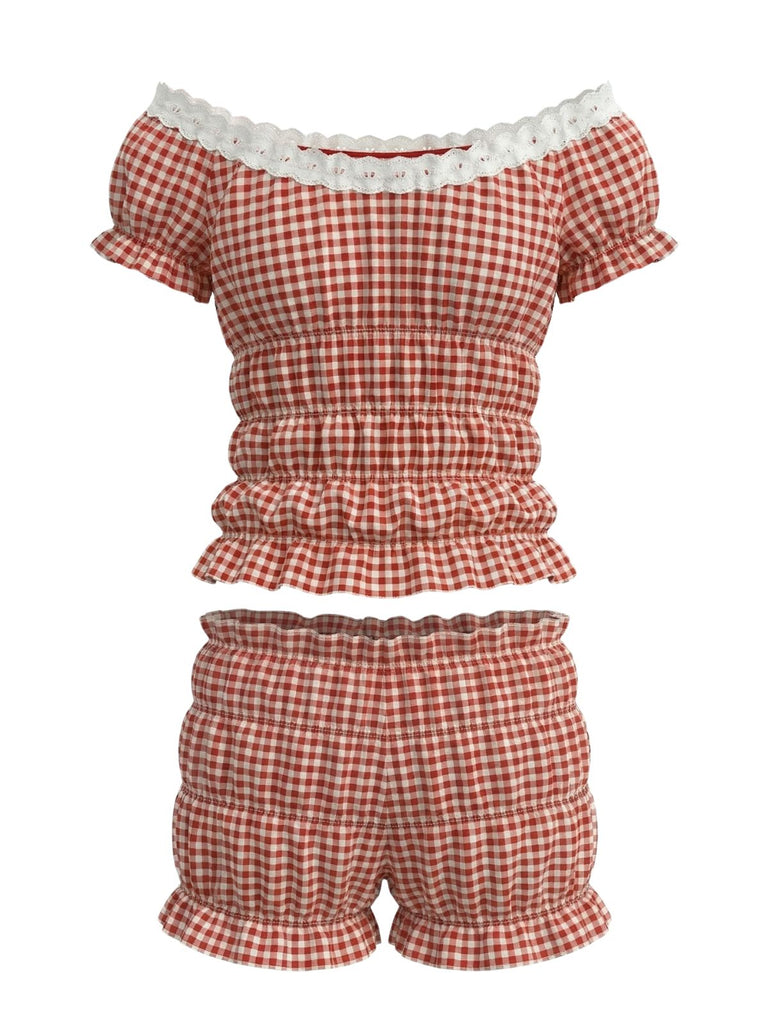 Red 2000s Gingham Off-Shoulder Smocked Top with Shorts Set - vintage fashion, retro style, elegant red