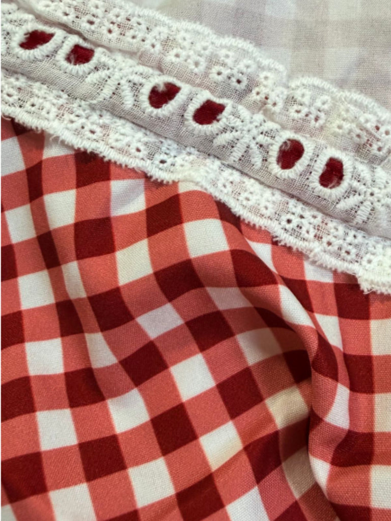 Red 2000s Gingham Off-Shoulder Smocked Top with Shorts Set - vintage fashion, retro style, elegant red