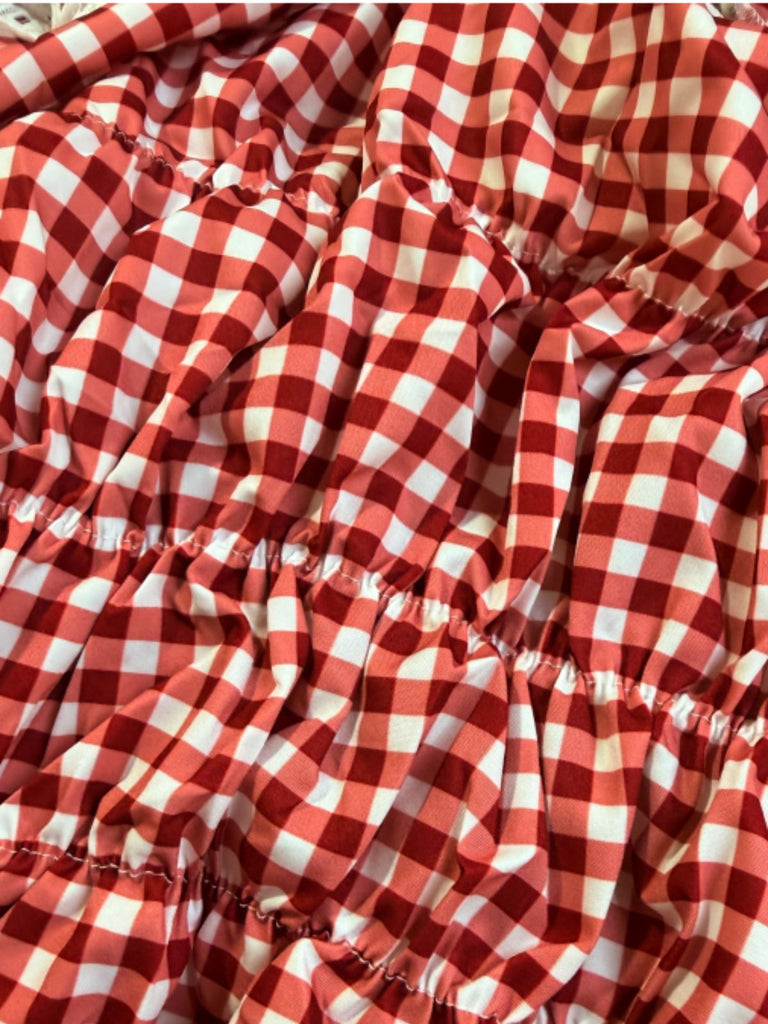 Red 2000s Gingham Off-Shoulder Smocked Top with Shorts Set - vintage fashion, retro style, elegant red