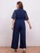 [Plus Size] Dark Blue 1930s V-Neck Flare Sleeve Solid Jumpsuit