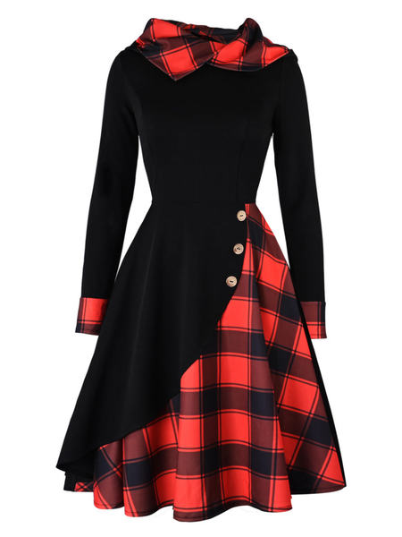 Black 1950s Plaid Hooded Button Dress | Retro Stage