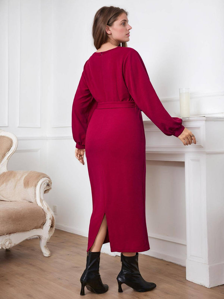 [Plus Size] Burgundy 1930s Christmas V-Neck Long Sleeve Dress