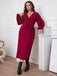 [Plus Size] Burgundy 1930s Christmas V-Neck Long Sleeve Dress