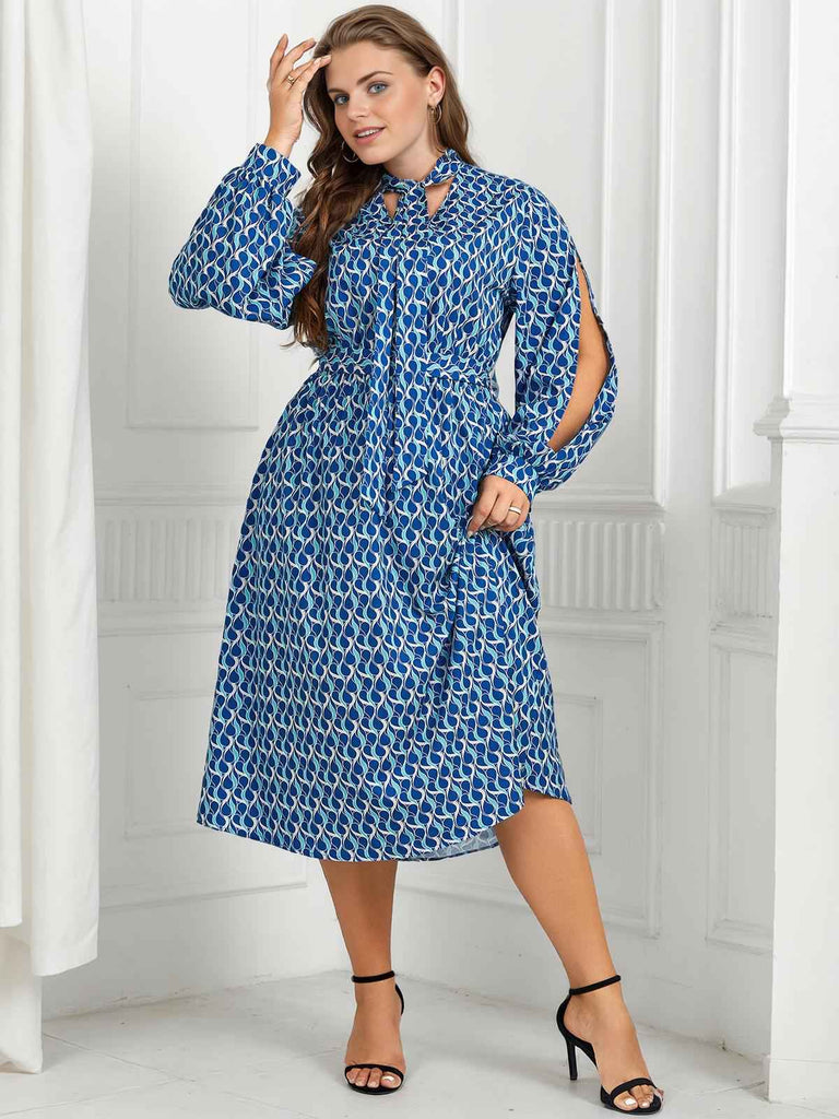 [Plus Size] Blue 1940s Lace Up Puff Sleeve Dress
