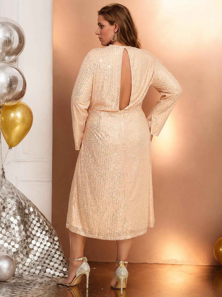 [Plus Size] Gold 1940s V-Neck Sequined Slit Dress