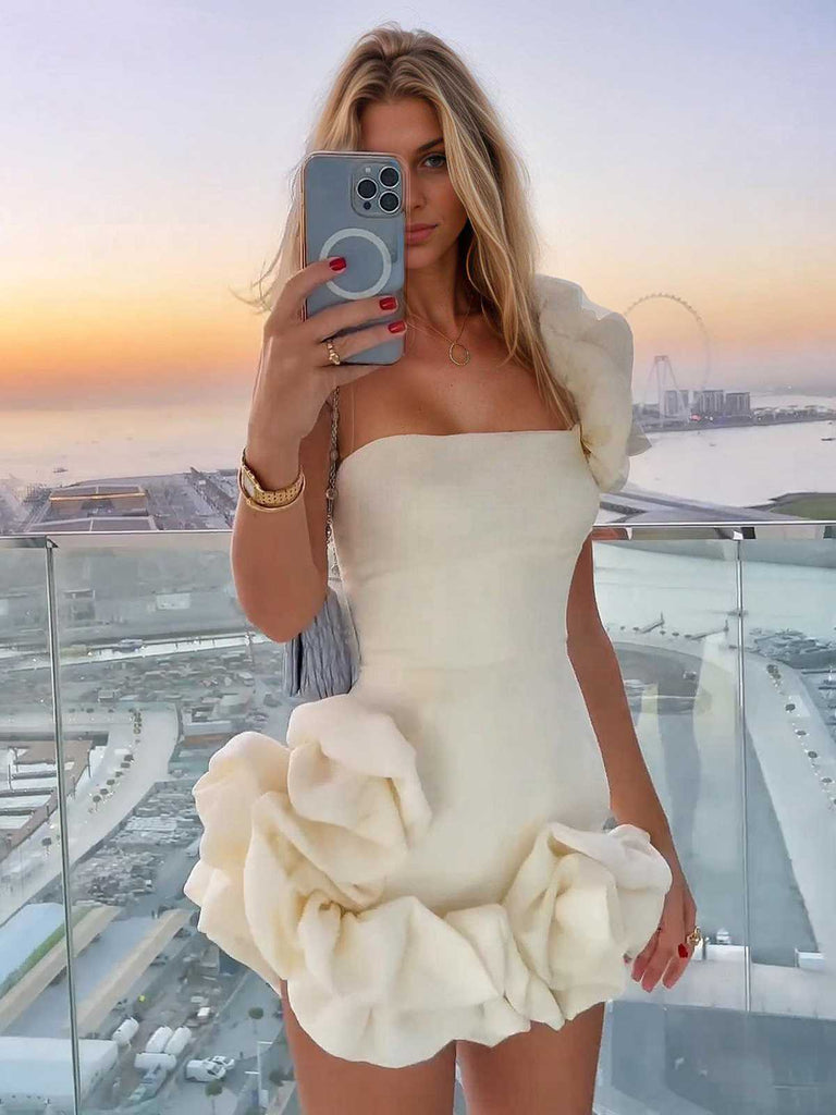 1980s Solid One-Shoulder 3D Flower Mini Dress