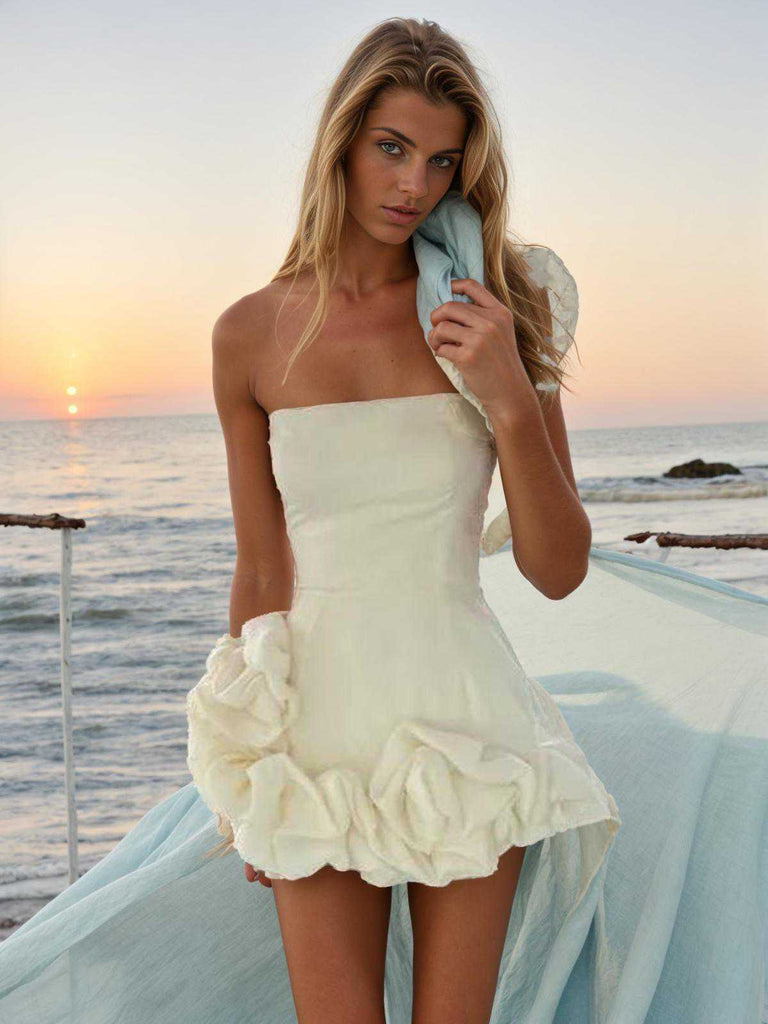 1980s Solid One-Shoulder 3D Flower Mini Dress