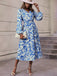 Blue 1940s V-Neck Floral Long Sleeve Dress