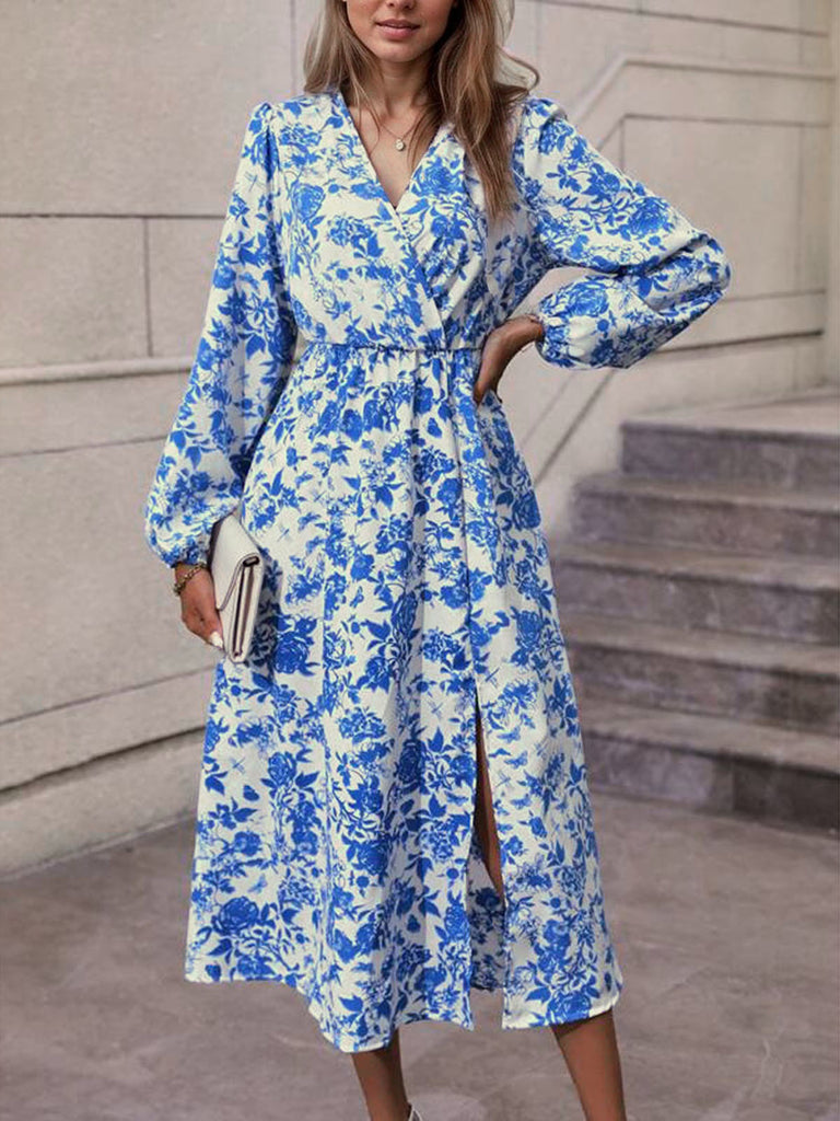 Blue 1940s V-Neck Floral Long Sleeve Dress