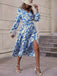 Blue 1940s V-Neck Floral Long Sleeve Dress