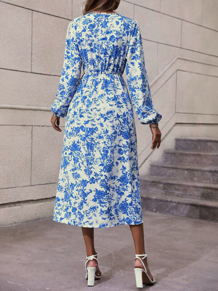 Blue 1940s V-Neck Floral Long Sleeve Dress