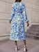 Blue 1940s V-Neck Floral Long Sleeve Dress