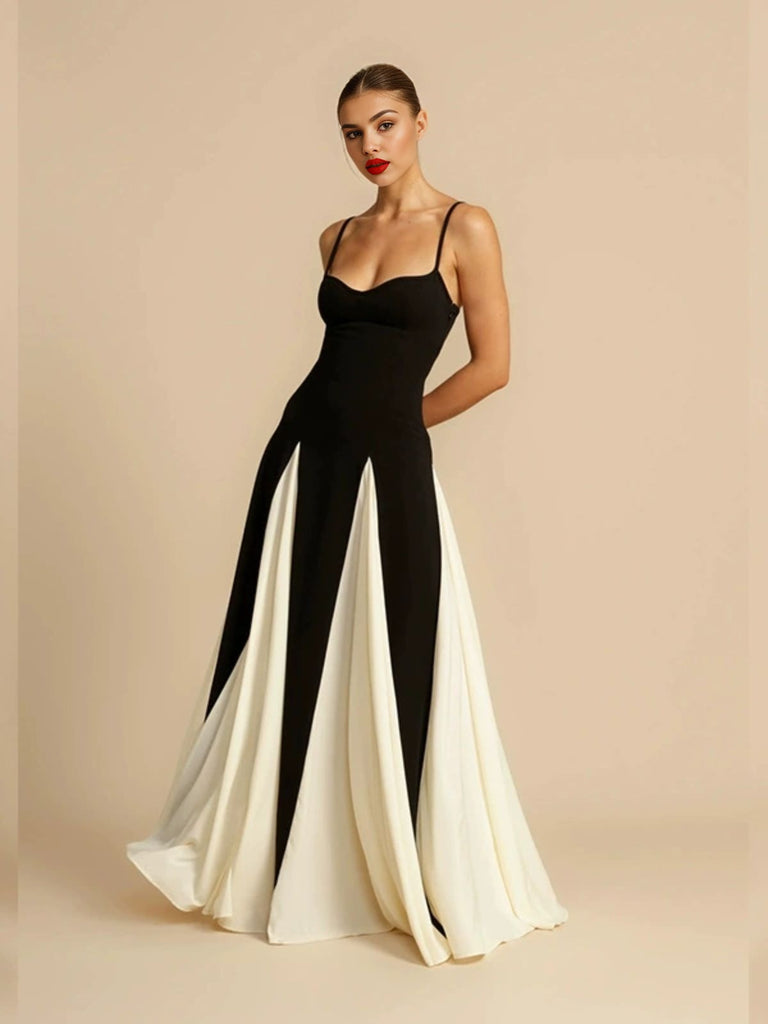 Black & White 1930s Solid Patchwork Maxi Dress