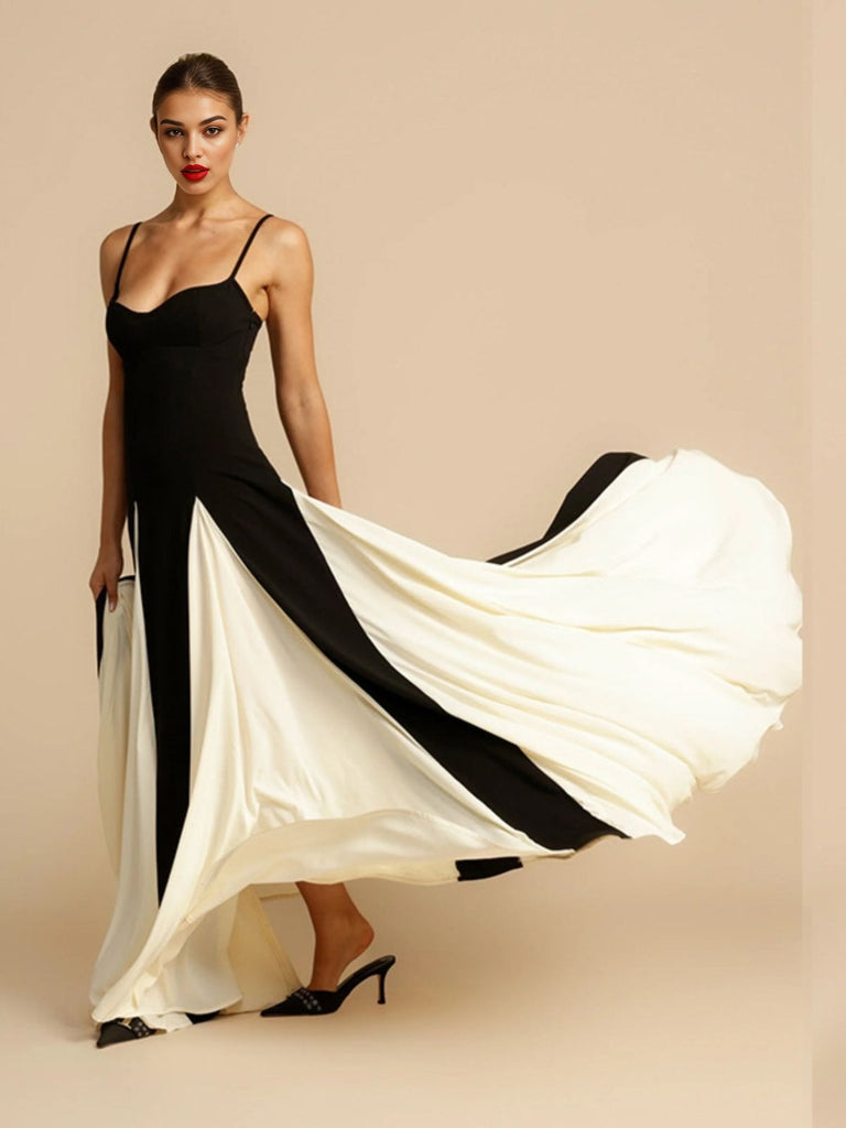 Black & White 1930s Solid Patchwork Maxi Dress