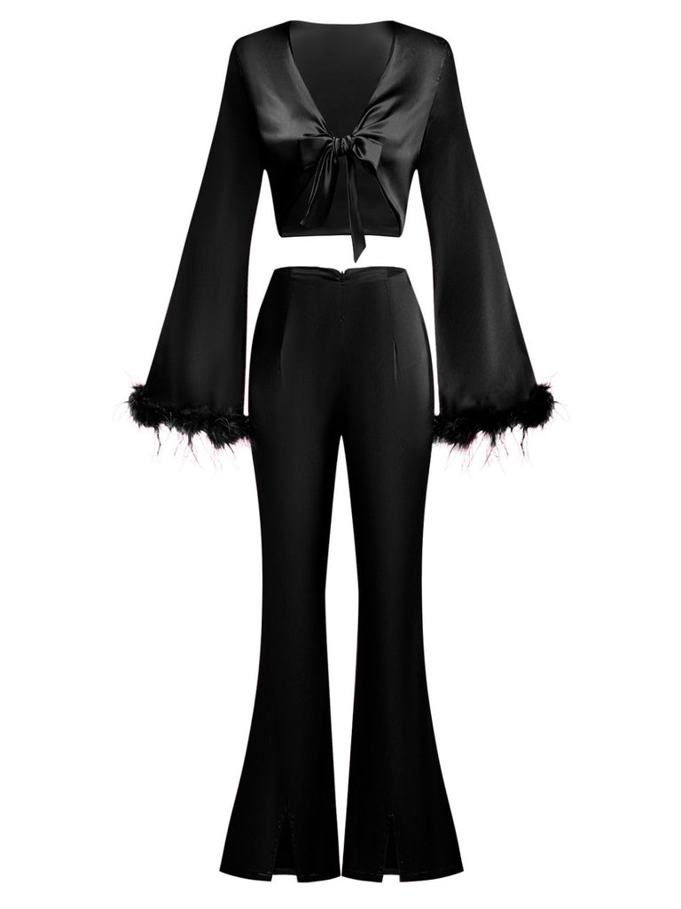 2PCS 1970s Feather Cuff Tie-Up Crop Top & Slit Pants