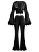 2PCS 1970s Feather Cuff Tie-Up Crop Top & Slit Pants
