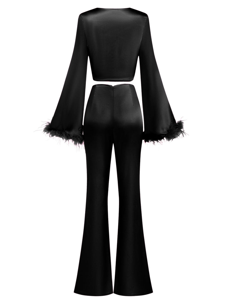 2PCS 1970s Feather Cuff Tie-Up Crop Top & Slit Pants