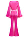 2PCS 1970s Feather Cuff Tie-Up Crop Top & Slit Pants