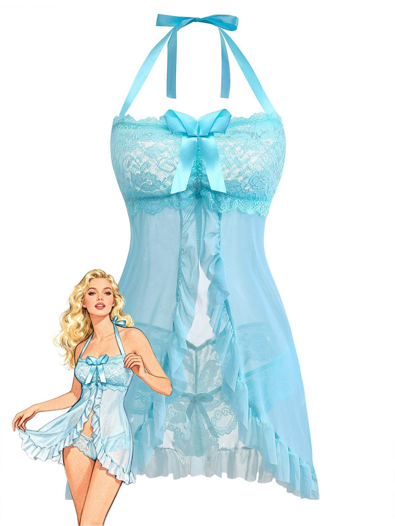 Aqua Blue 1980s Lace Bow Lingerie Set