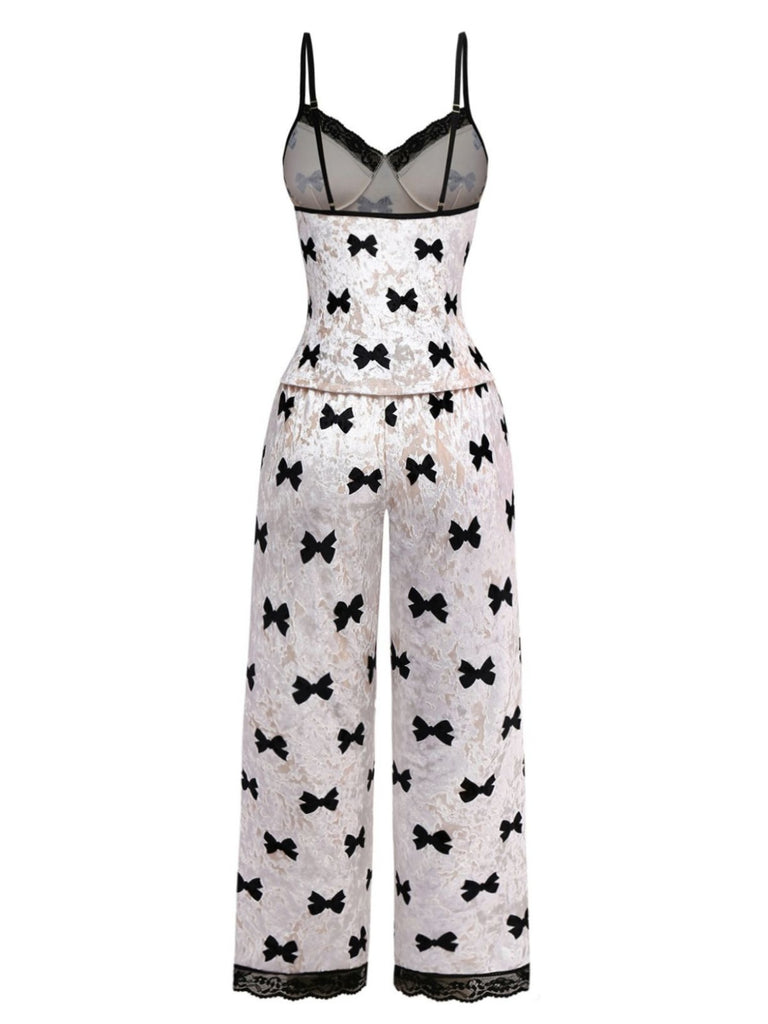 White 1940s Bow Print Velvet Pajama Set