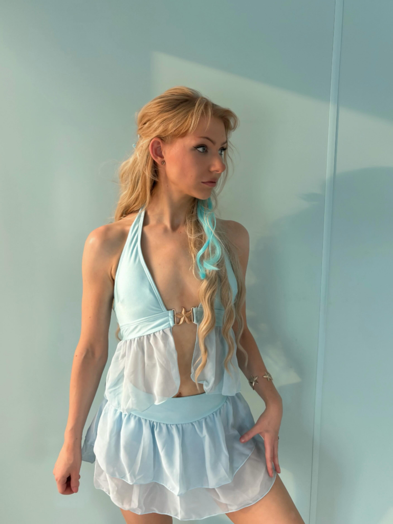 Turquoise 1950s Chiffon Starfish Halter Ruffled Tankini Set