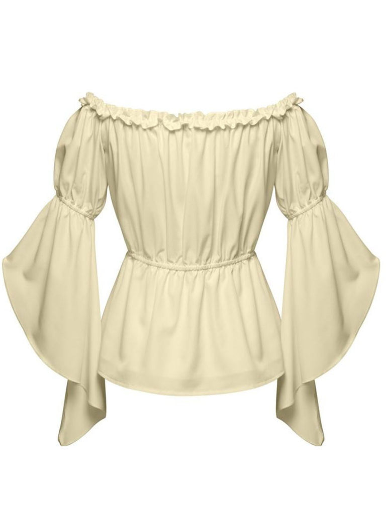 1930s Ruffled Bell Sleeve Off-Shoulder Solid Top