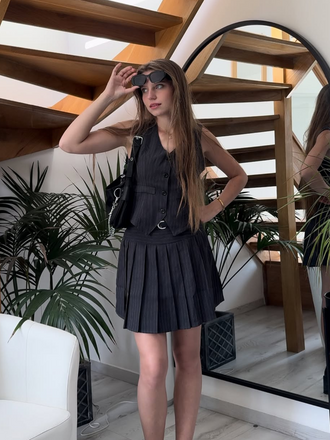 2PCS Dark Gray 1960s Pinstripes Top & Pleated Skirt