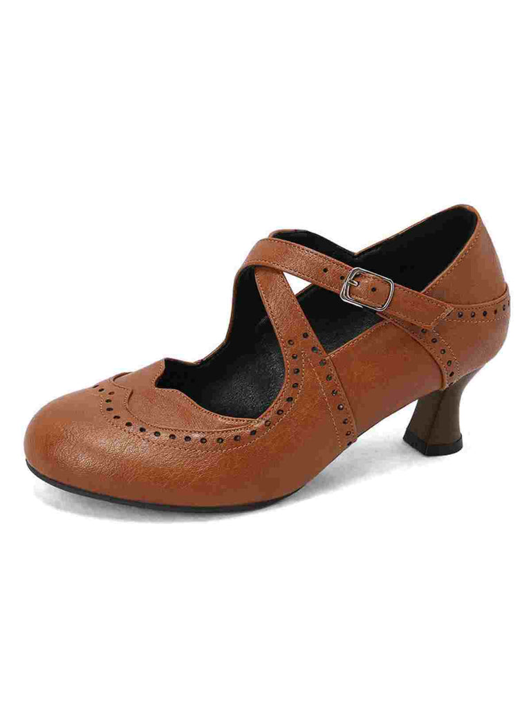 Cross-Strap Perforated Mary Jane Heels
