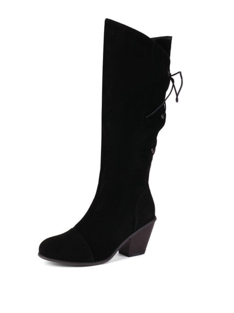 Suede Knee Lace-Up Block Heel Boots