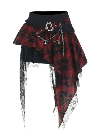 1980s Asymmetric Plaids Lace Chain Gothic Skirt