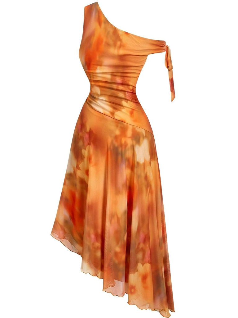 Orange 1970s One-Shoulder Mesh Asymmetrical Hem Dress