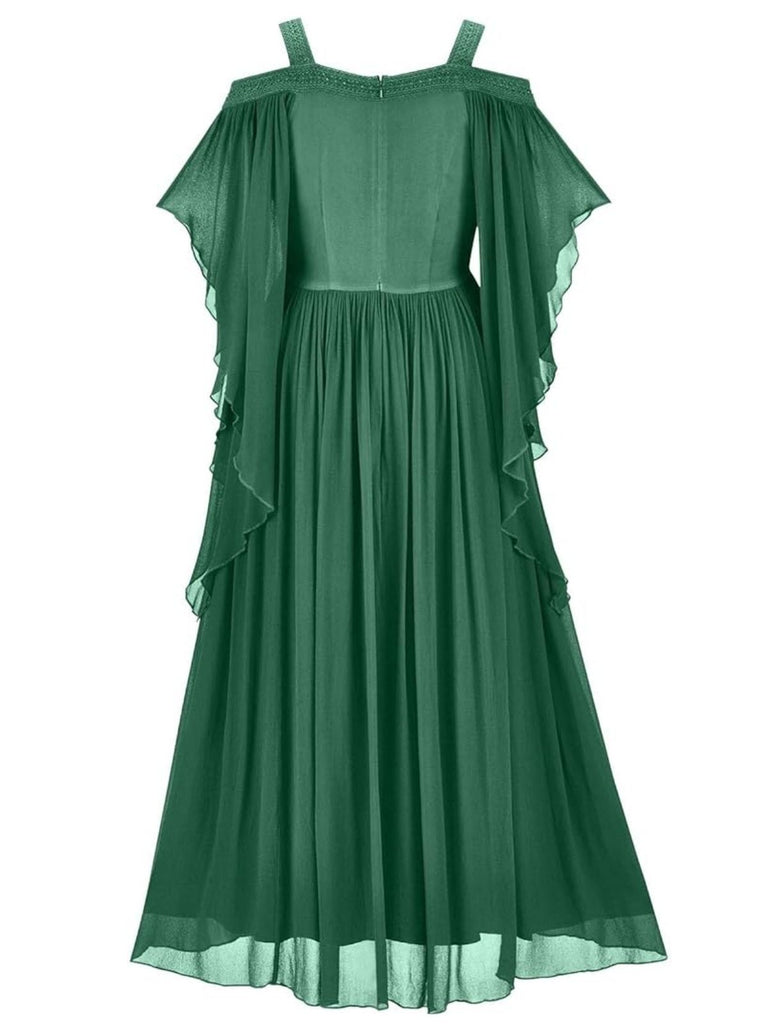 1950s Solid Velvet Mesh Cold Shoulder Dress