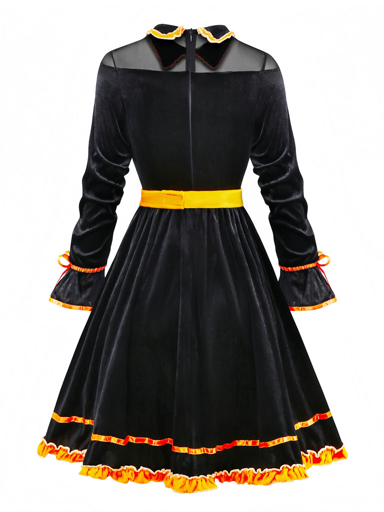 Black 1940s Lapel Bow Patchwork Dress