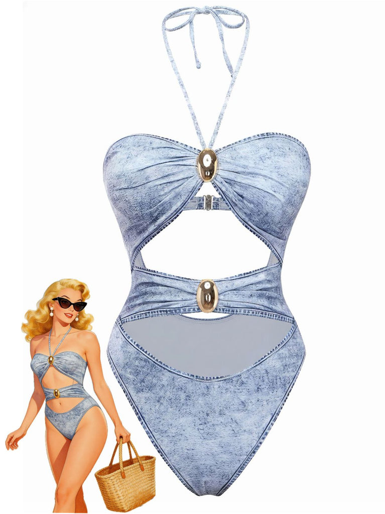 Y2K Denim Print Halter Cut-Out One-Piece Swimsuit