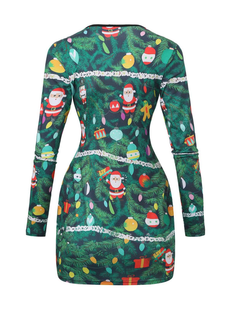 Green 1960s Christmas Pattern Bodycon Dress