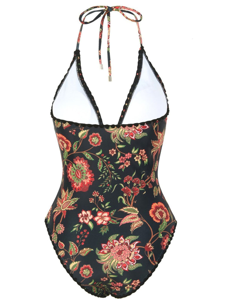 2PCS 1960s Deep V-Neck Fringe Swimsuit & Cover-Up