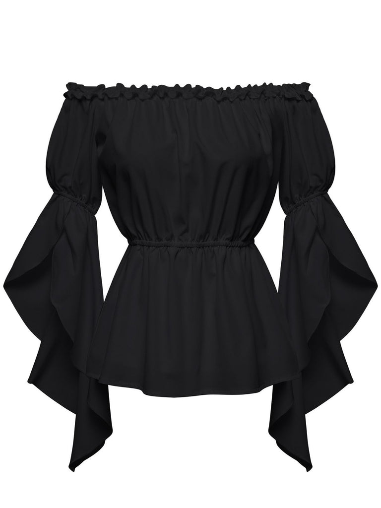 1930s Ruffled Bell Sleeve Off-Shoulder Solid Top