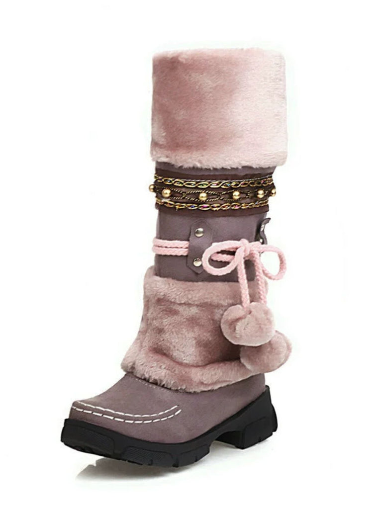 Vintage Faux Fur Pom-Pom Winter Snow Boots