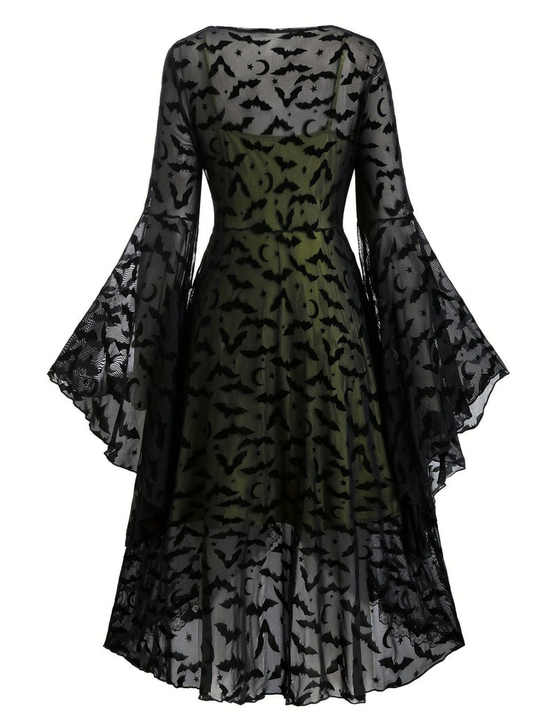 [Plus Size] 2PCS Black 1940s Bat Mesh Outwear & Green Dress