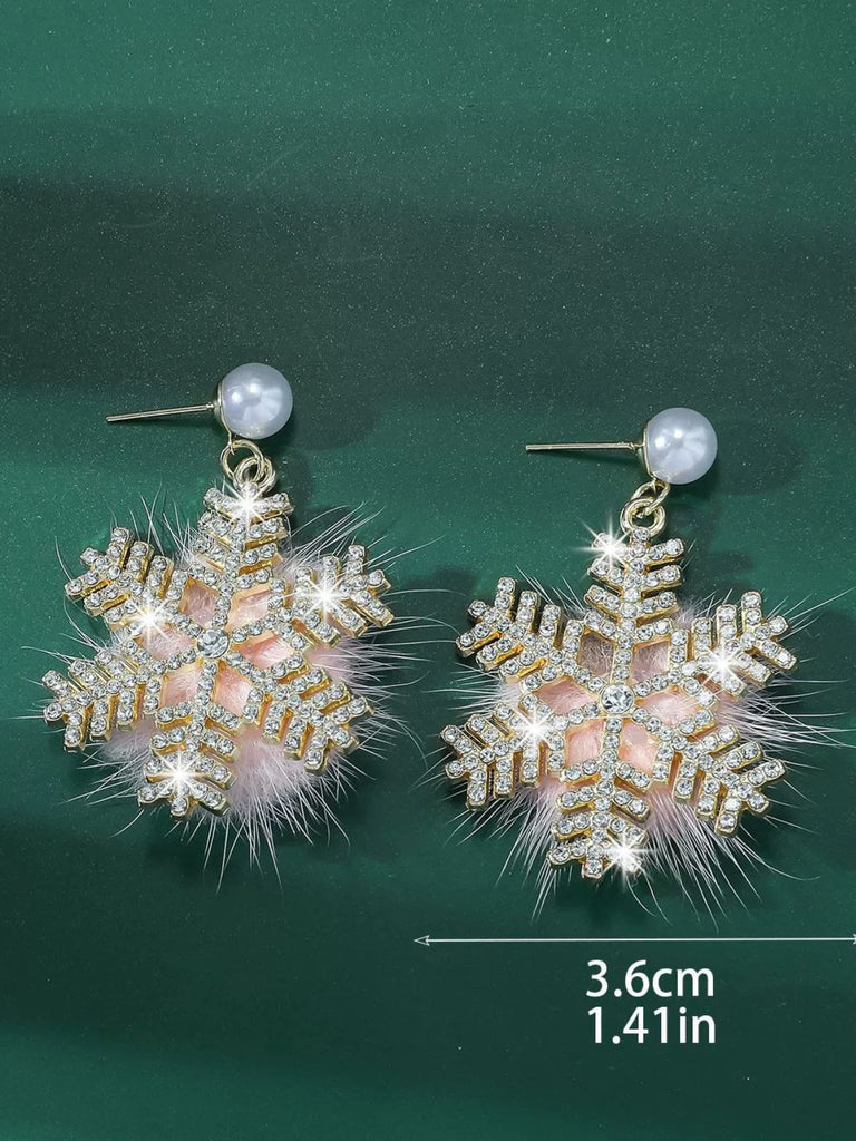 Christmas Fluffy Snowflake Diamond Pearl Earrings